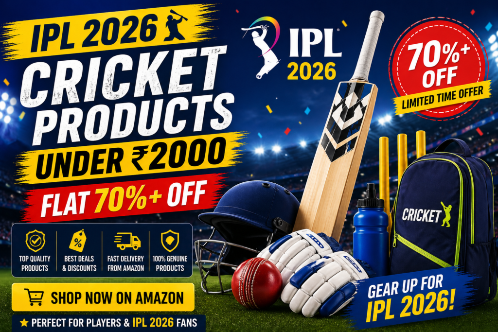 IPL 2026 cricket products under ₹2000 with 70% off deals on bats, gloves, ball and accessories